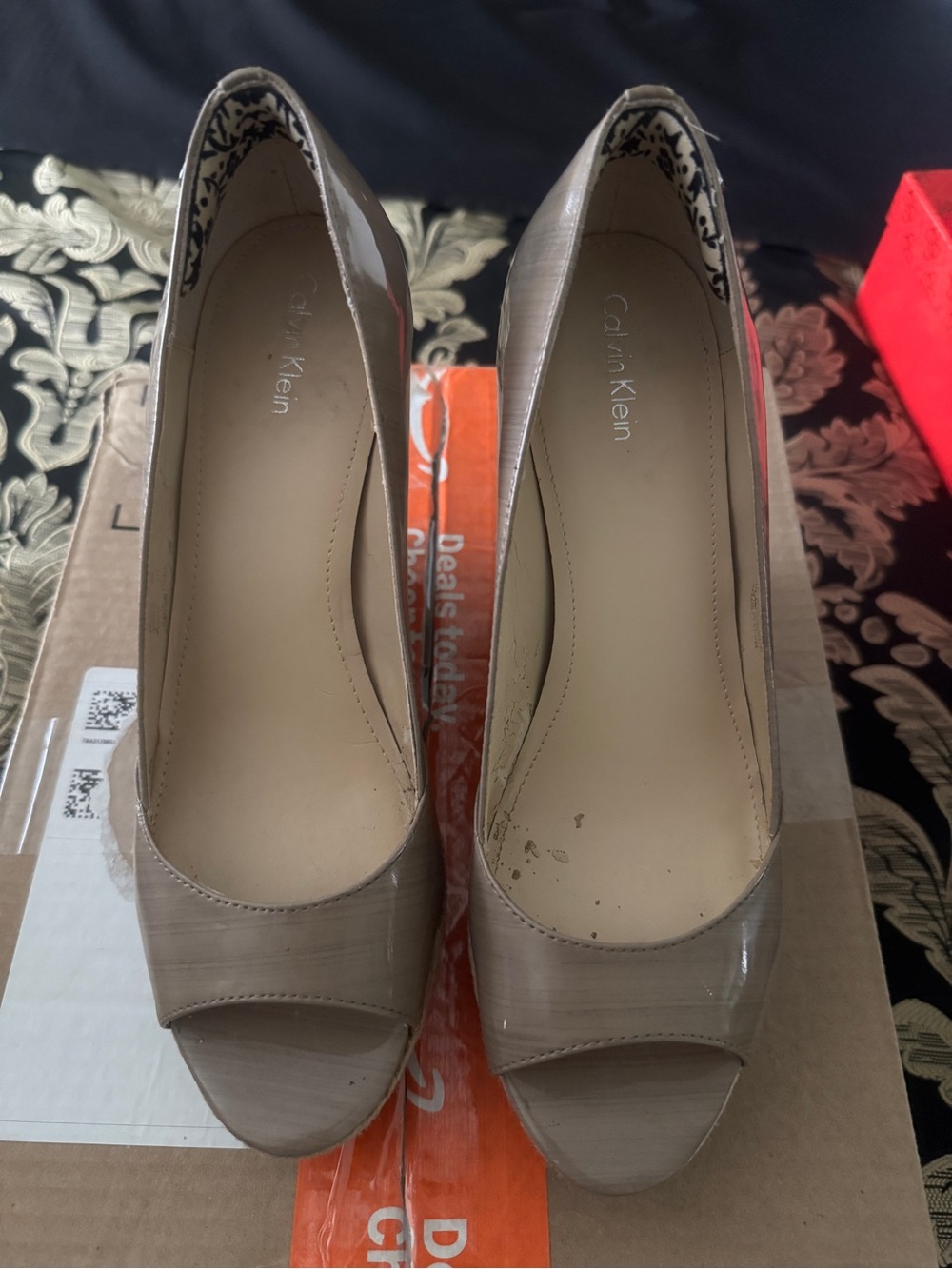 Calvin Klein Beige Patent Peep-Toe Heels